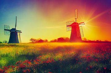 Windmühle bei Sonnenuntergang, Illustration von Animaflora PicsStock