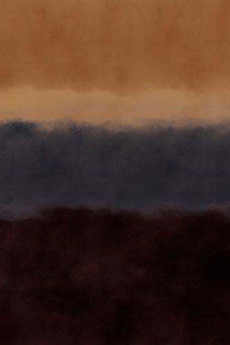 Zonsondergang. Minimalistisch abstract landschap in okergeel, blauw en bruin.