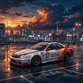 Honda Prelude JTCC JDM-sportwagen op een dak in Tokio bij schemering – grafische illustratie van The Deeper Way