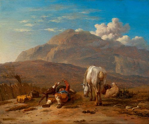 Italian landscape with a young shepherd, playing with his dog, Karel Dujardin