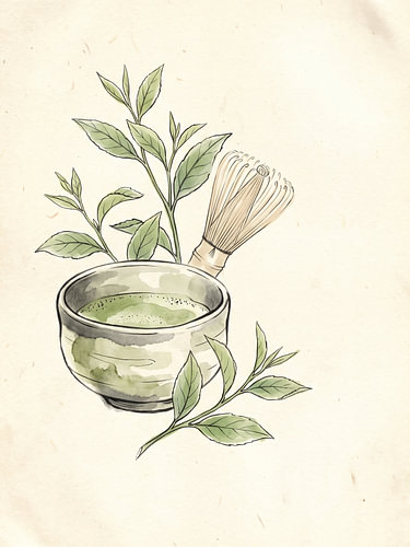 Delicate Matcha Tea Still Life With Fresh Green Leaves and Bamboo Whisk