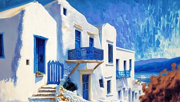 Maison blanche aux fenêtres bleues en Grèce