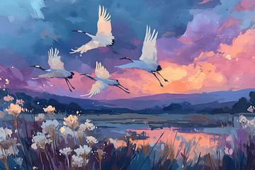 Kraanvogels vliegen over avondlandschap van NJ Midnight Studio