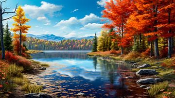 Herbstlandschaft im Park mit See und Spiegelung, Illustration Hintergrund von Animaflora PicsStock