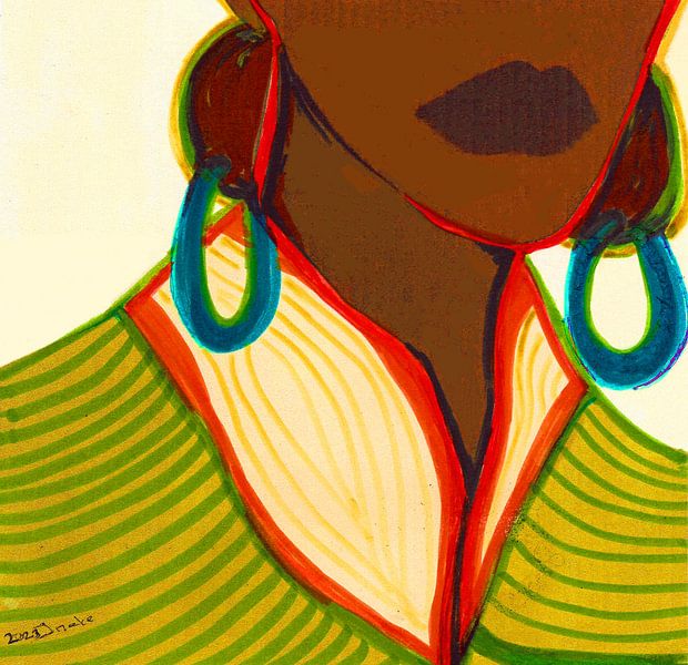 Abstract female portrait with blue earrings, mixed medium by Ineke de Rijk