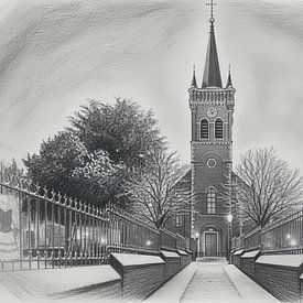 Elsloo le soir en hiver avec de la neige au fusain sur Maurice Meerten