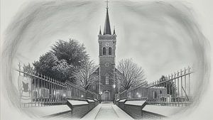 Elsloo in de avond in de winter met sneeuw in houtskool