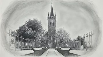 Elsloo am Abend im Winter mit Schnee in Holzkohle