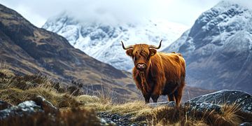 Schottische Highlander gegen die winterlichen Highlands von Vlindertuin Art