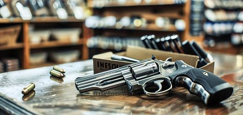 Pistool op toonbank met patronen