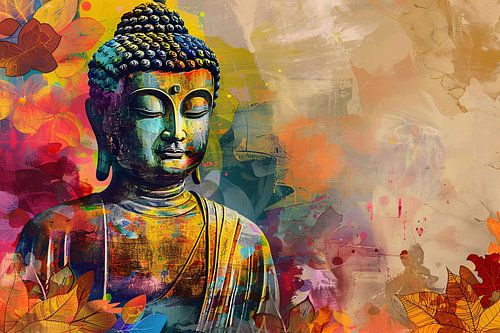 Boeddha omgeven door levendige herfsttinten