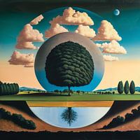 surrealistisch zomerlandschap met bomen en wolken