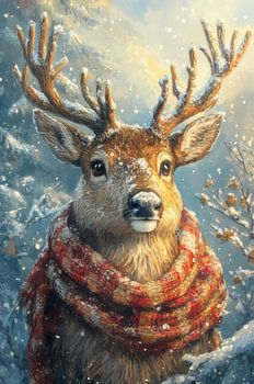 Chaleur hivernale - Cerf dans un paysage enneigé avec une écharpe rouge