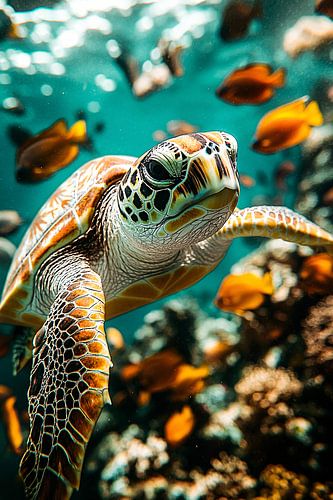 Schildpad tussen kleurrijke vissen