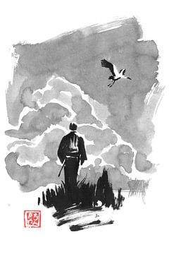 samurai walking and stork von Péchane Sumie