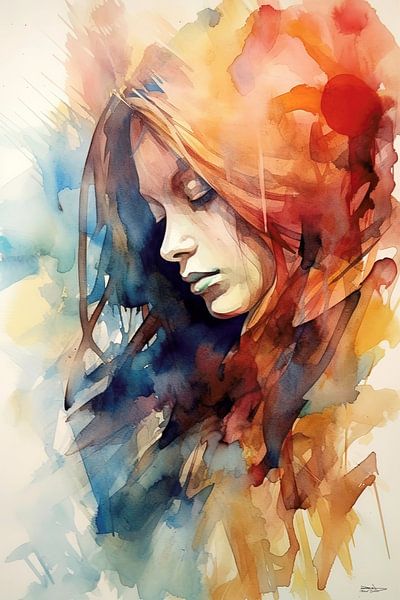 Abstraktes Aquarell eines Mädchens/einer Frau. von Gelissen Artworks