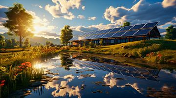 Zonne-energiecentrale in de natuur met meer, illustratie van Animaflora PicsStock
