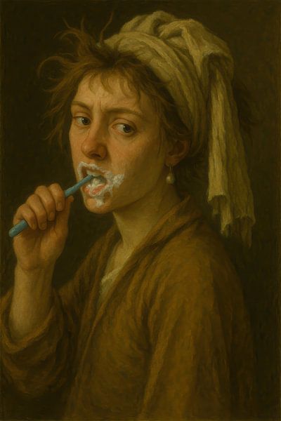Girl with pearl earring and toothbrush by Poster Art Shop