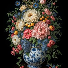 Barockes Stilleben: Blumenarrangement auf einer Vase aus Delfter Keramik von Studio Pieternel