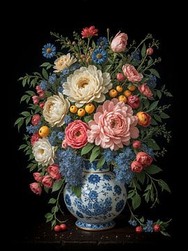 Nature morte baroque : Arrangement de fleurs sur vase en poterie Delftware