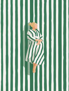 Minimalistisches Porträt mit grünen Streifen - moderner japanischer Kunststil mit Frieden und Gleichgewicht