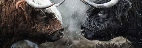 Twee schotse hooglanders kijken naar elkaar panorama