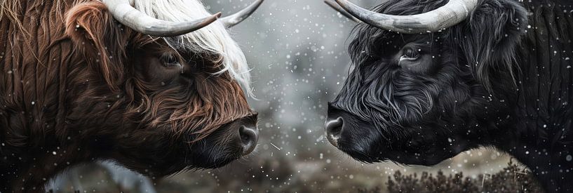 Two Scottish highlanders look at each other panorama by Digitale Schilderijen