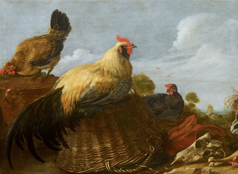 Hahn und Hühner in einer Landschaft, Gijsbert Gillisz d'Hondecoeter von Meisterhafte Meister