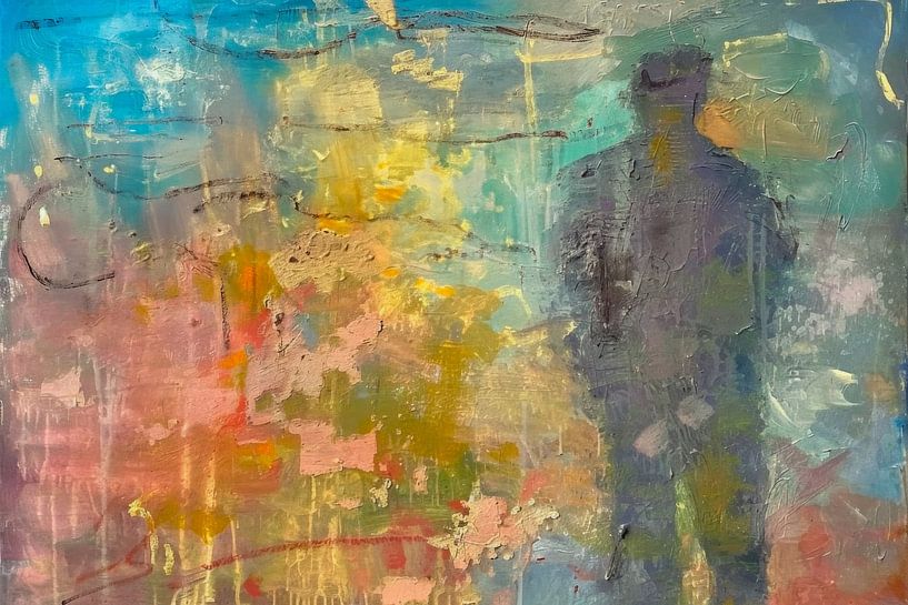 Abstrakte Malerei, blau, gelb, rosa und grau von BowiScapes Abstrakt und digitale Kunst