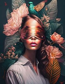 en pleine réflexion sur les fleurs de bronze et le ciel rose sur Bianca van Dijk