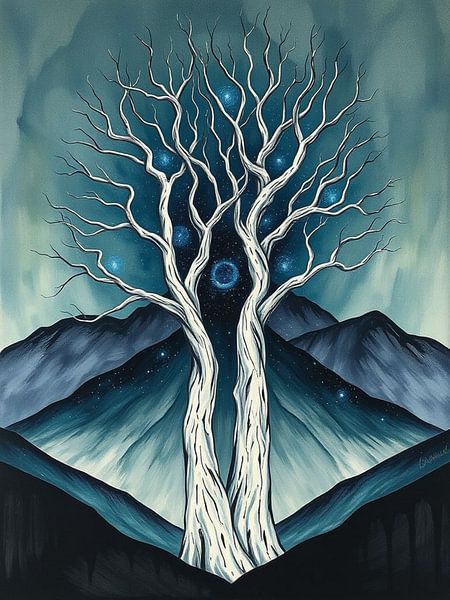 Racines célestes : Un arbre de vie mystique sur fond de ciel étoilé et de paysage de montagne par Artistic