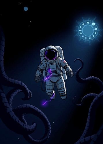 Astronaut in de ruimte met tentakels