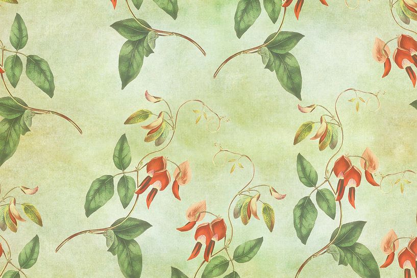 Vintage rood en groene tropische print van Vintage en botanische Prenten