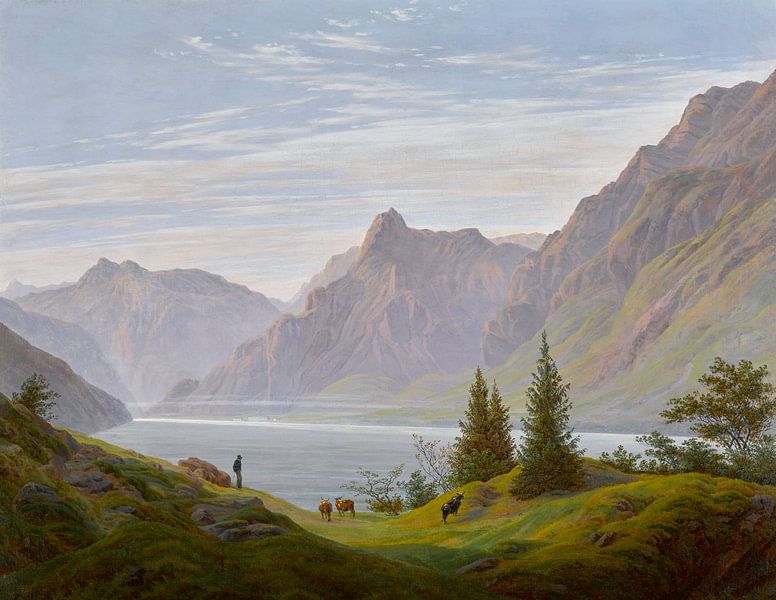 Landschap met bergmeer, ochtend, Caspar David Friedrich van Meesterlijcke Meesters