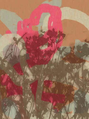 Kleurrijke botanische kunst in bruin, roze, terra. Monotypes weidebloemen.