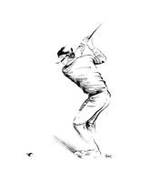 Sportillustration eines Golfspielers. Schwarze Acrylfarbe auf Papier