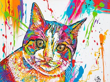 kleurrijke kat op wit van Happy Paintings