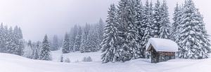Panoramabild einer schneebedeckte Hütte in den Alpen