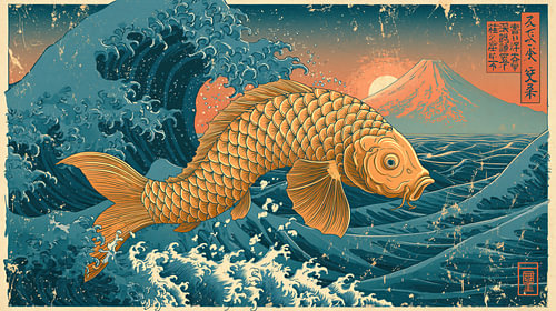 Japanische Koi-Karpfen in den Wellen vor dem Mount Fuji – Vintage-Wanddekoration