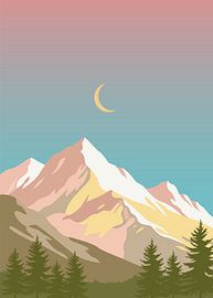 Minimalistische vectorillustratie van een vlak natuurlandschap met besneeuwde bergtoppen en dennenbomen onder een halve maan.