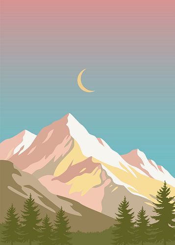 Illustration vectorielle minimaliste représentant un paysage naturel plat, avec des sommets enneigés et des pins sous un croissant de lune.