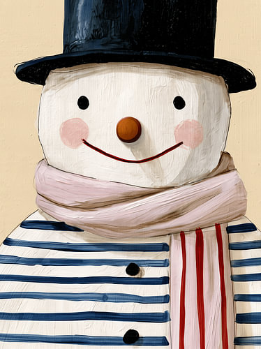 Cheerful snowman in a striped outfit