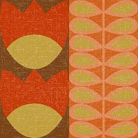 Retro 70s vintage geïnspireerde kunst met gestileerde bloemen en bladeren in bruin, oranje en geel