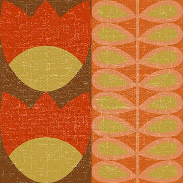 Retro 70s vintage geïnspireerde kunst met gestileerde bloemen en bladeren in bruin, oranje en geel van Dina Dankers