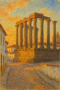 Sonnenuntergang am römischen Tempel von Évora – Ruinen im Alentejo Impressionistische Kunst