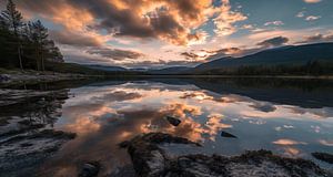 Spiegelnde Wasserfläche, abendlicher Sonnenuntergang