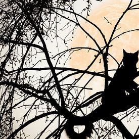 Illustration einer Silhouette einer Katze auf einem Ast bei Sonnenaufgang von Patricia Hofmeester