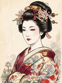 Elegante Geisha in purpurrotem Kimono, umgeben von Koi und Lotusblüten von my pixel art