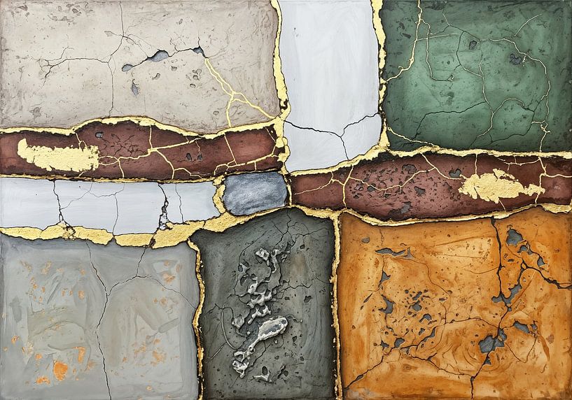Abstract schilderij met gekleurde blokken en gouden accenten van Markus Gann