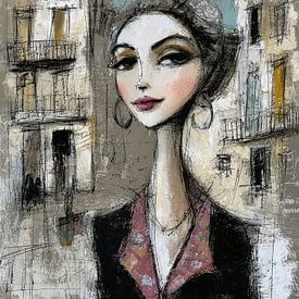 Sierra Nevada Femme | Femme avec bâtiments sur Peinture Abstraite